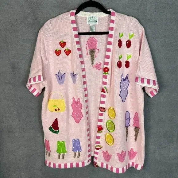Quacker Factory Sweater Large Pink Fruit Cardigan Short Sleeve Summer Picnic - Picture 1 of 12